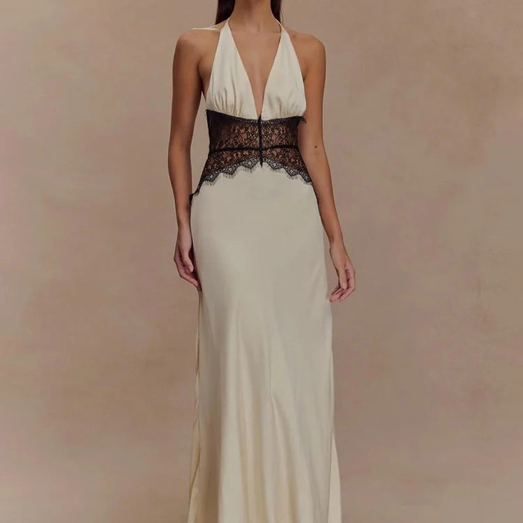 Halter Maxi Dress – Deep V Neck Lace Waist Evening Gown