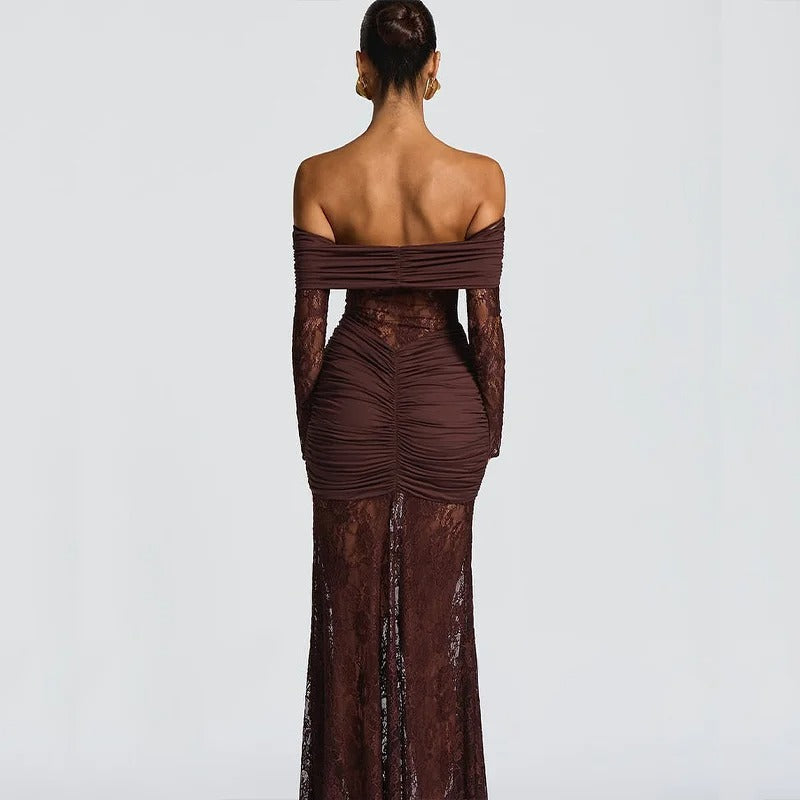 Off Shoulder Lace Maxi Dress – Elegant Ruched Long Sleeve Gown