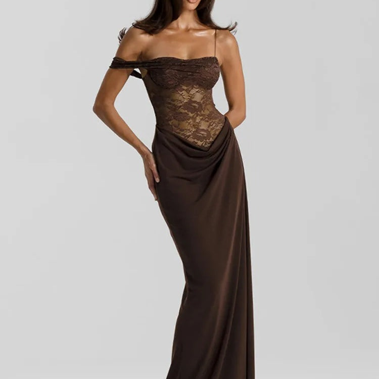 Lace See Through Maxi Dress – Off Shoulder Sleeveless Evening Gown
