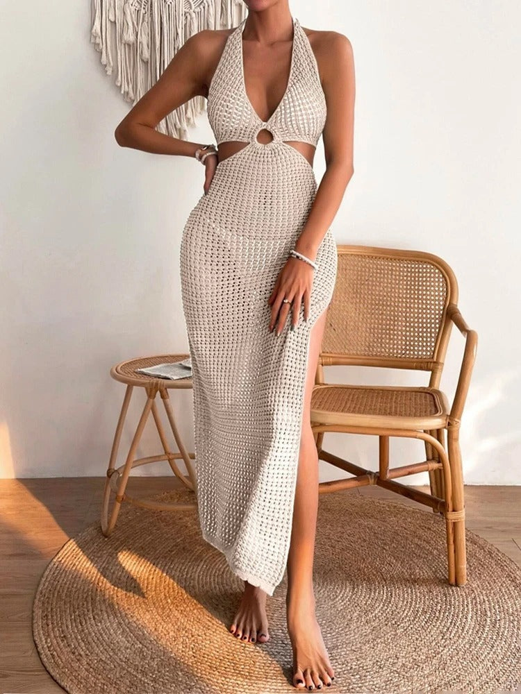 Crochet Maxi Dress – Halter Neck Cut Out Beach Outfit