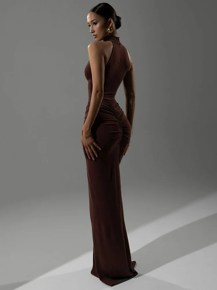 Halter Neck Evening Gown – Sleeveless Ruched Maxi Dress with High Slit