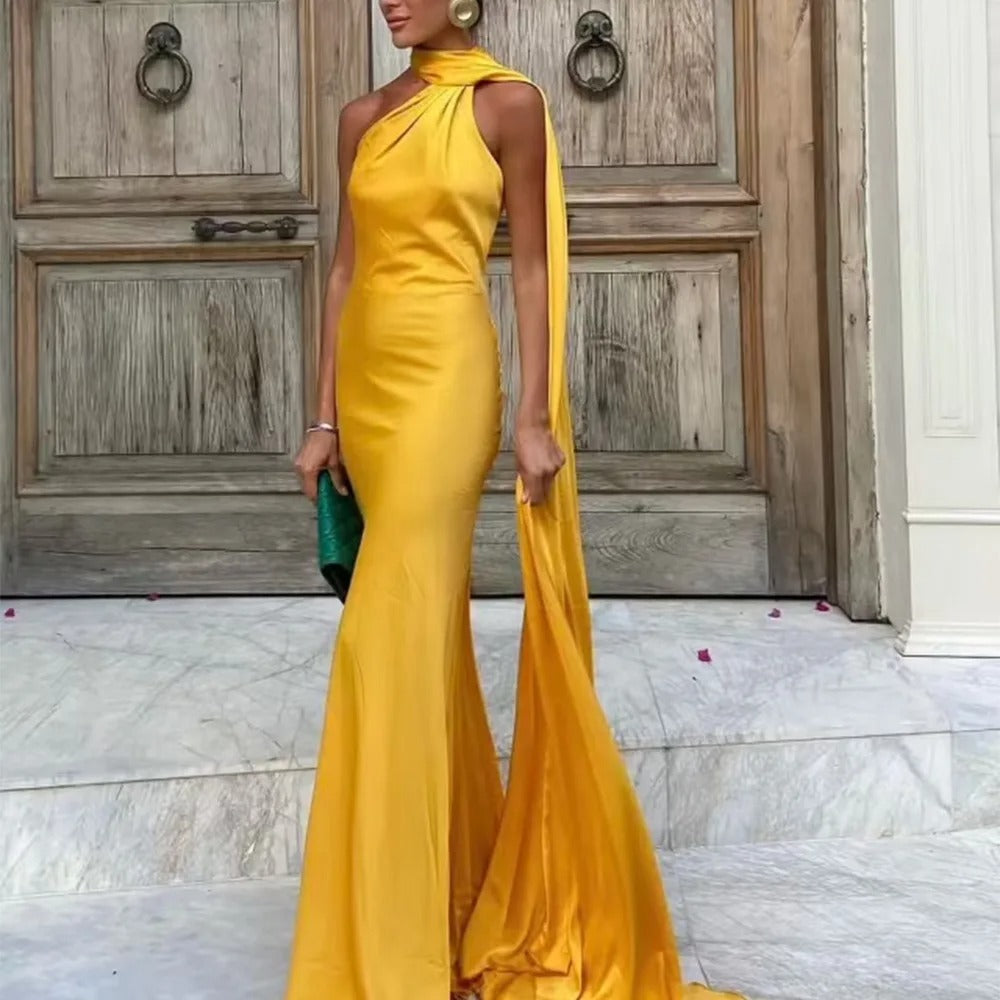 One Shoulder Satin Maxi Dress Formal Evening Gown
