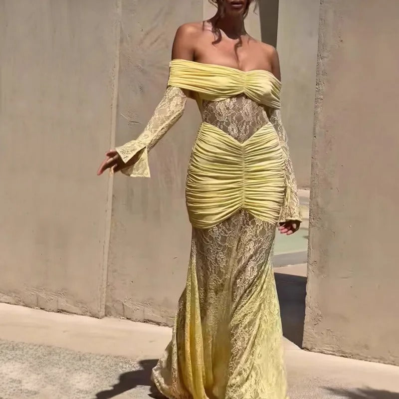 Off Shoulder Lace Maxi Dress – Elegant Ruched Long Sleeve Gown