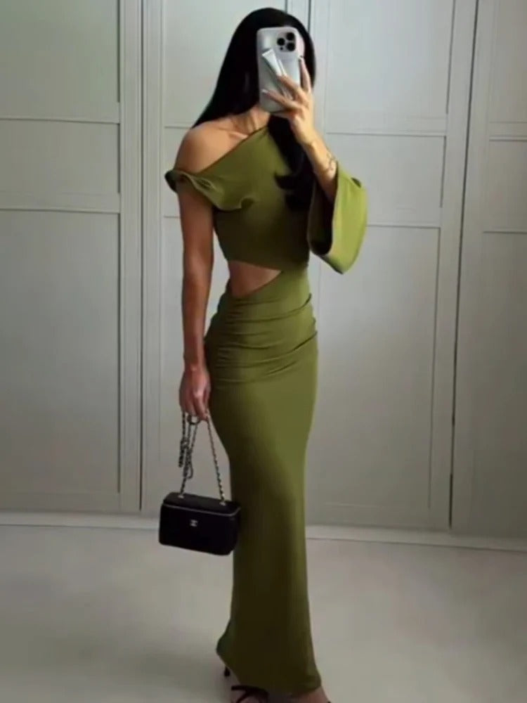 One Shoulder Maxi Dress – Elegant Cut Out Evening Gown