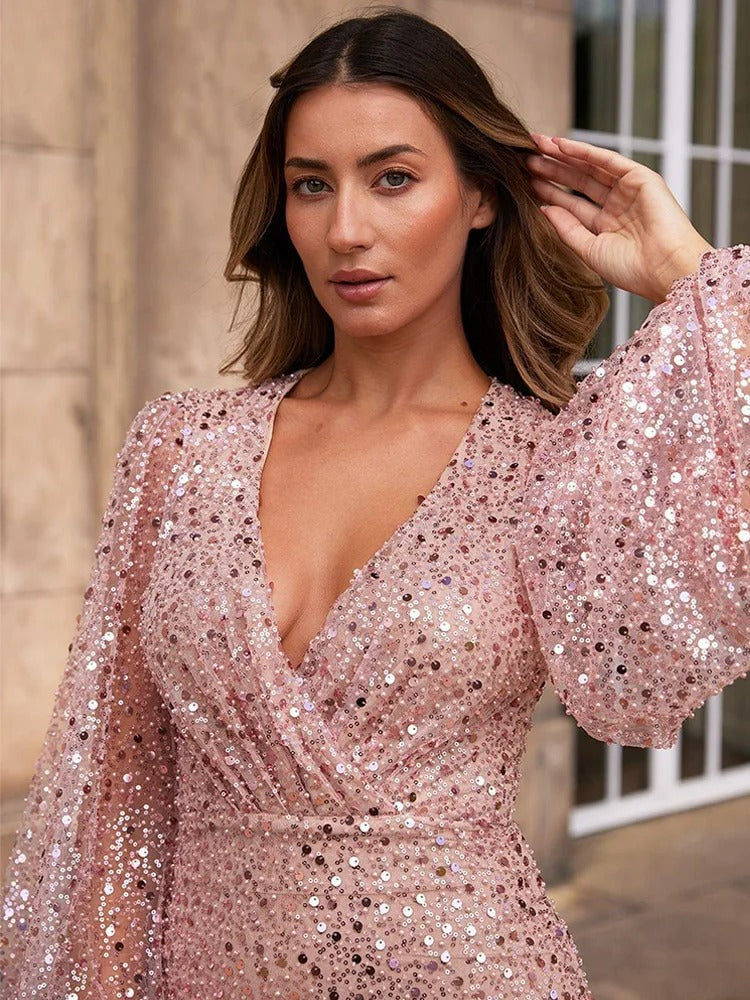 V Neck Pearl Sequin Mini Dress for Women – Elegant Party Bodycon Dress