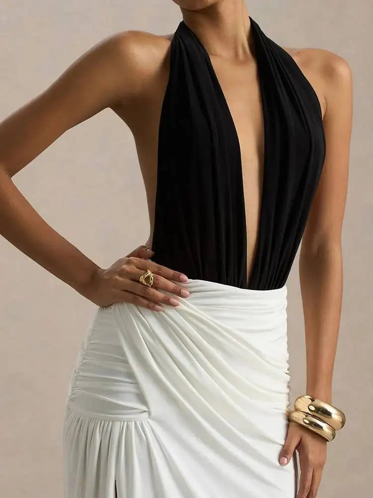 Elegant Halter Neck Maxi Dress – Backless High Split Evening Gown