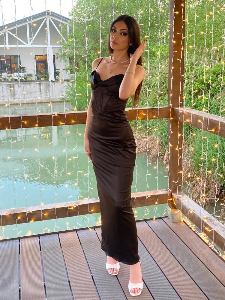 Satin Corset Maxi Dress – Elegant Spaghetti Strap Evening Gown