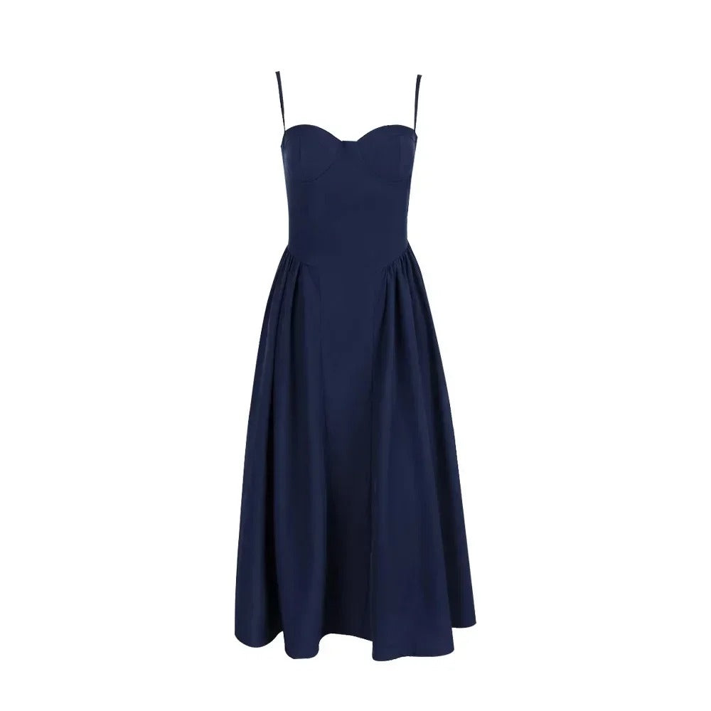 Elegant Spaghetti Strap Pleated A Line Midi Dress