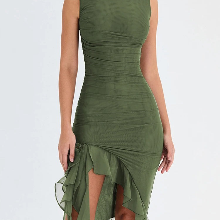 Ruffle Bodycon Dress – Sleeveless Ruched Midi Gown