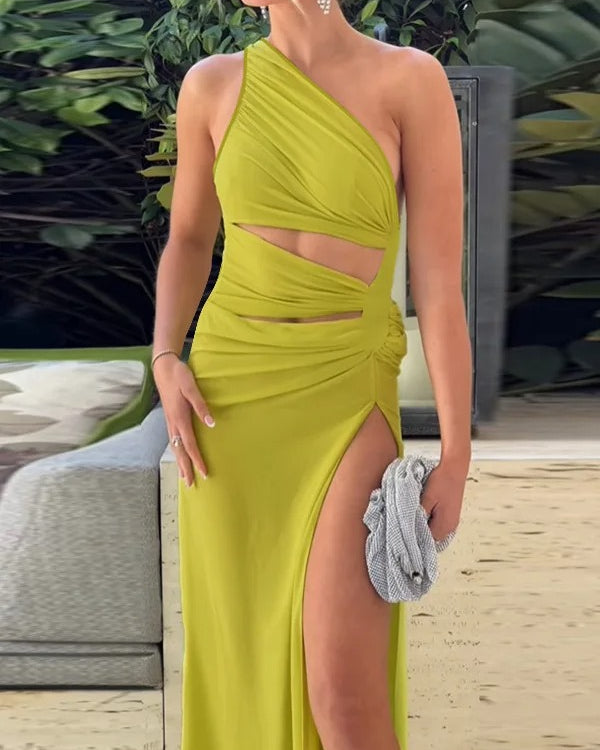 One Shoulder Cut Out Maxi Dress β Elegant High Slit Evening Gown