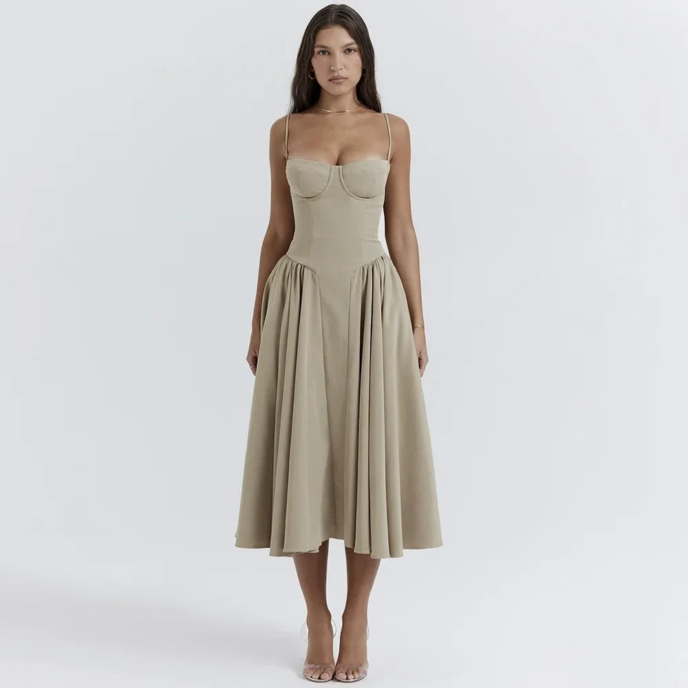 Elegant Spaghetti Strap Pleated A Line Midi Dress