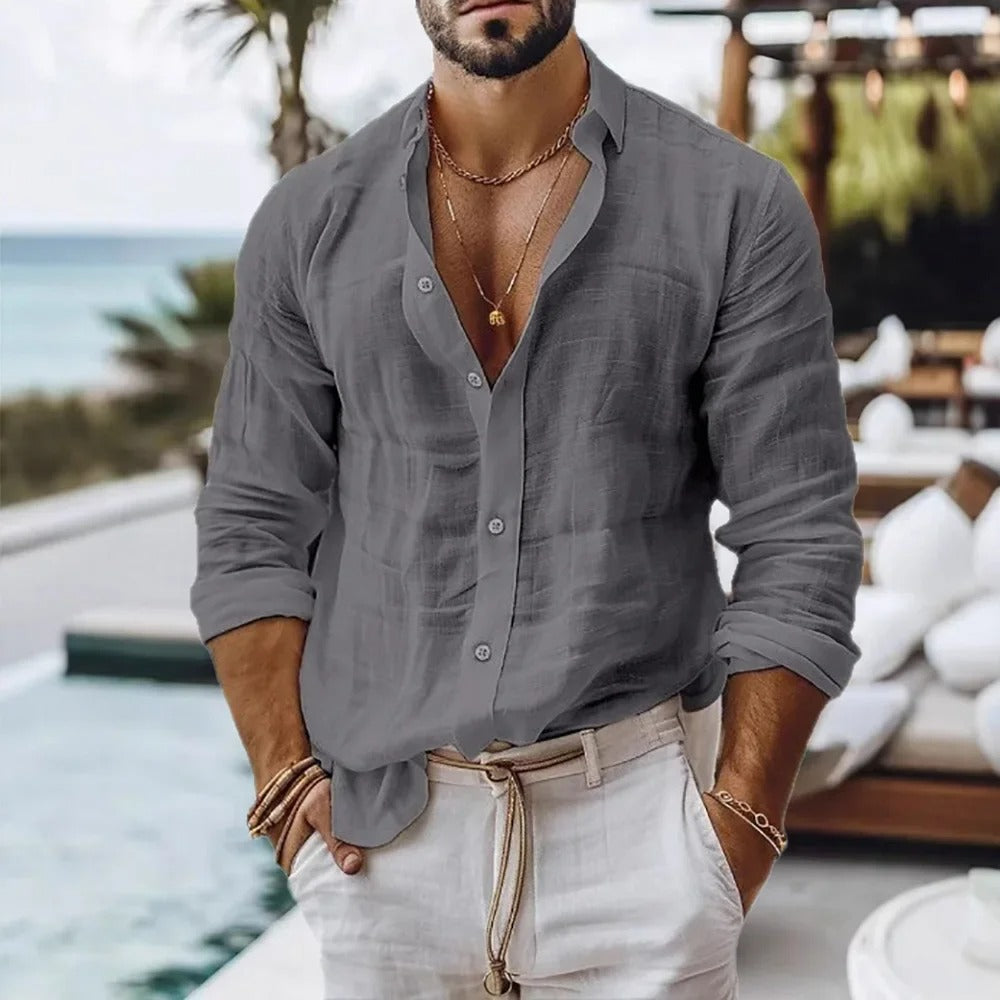 Men’s Linen Shirt – Casual Long Sleeve Summer Beach Top