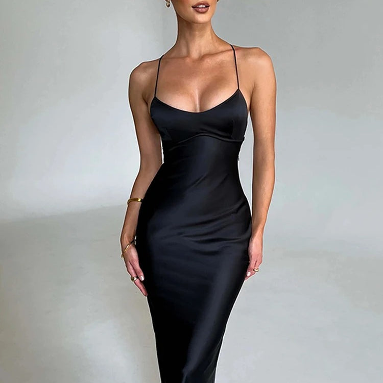 Satin Backless Spaghetti Strap Maxi Dress – Elegant Evening Gown