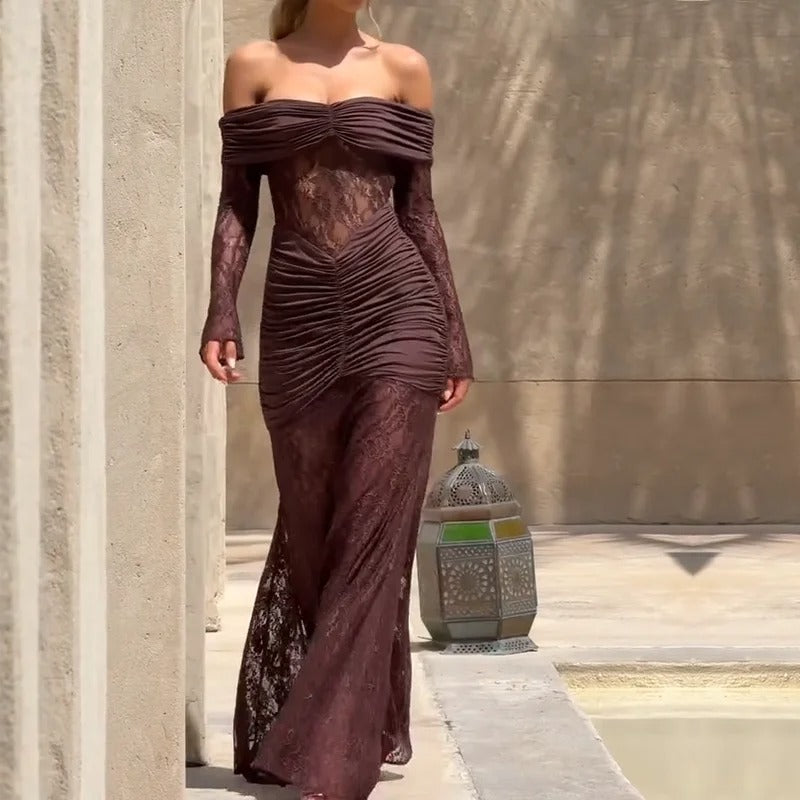 Off Shoulder Lace Maxi Dress β Elegant Ruched Long Sleeve Gown