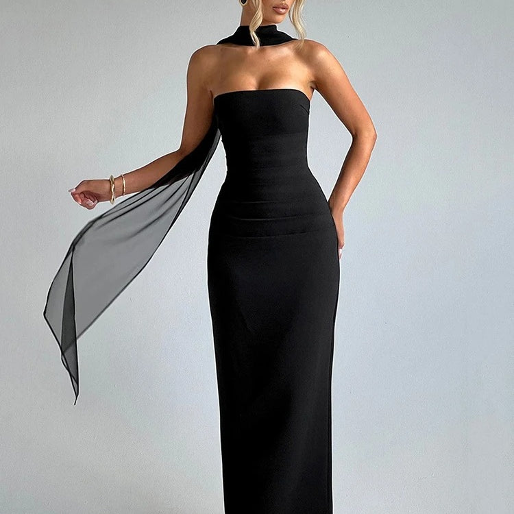 Elegant Strapless Maxi Dress – Scarf Neck Backless Evening Gown