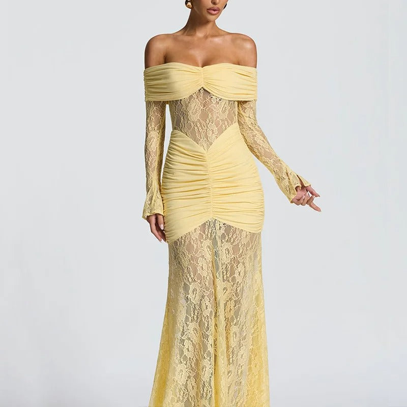 Off Shoulder Lace Maxi Dress – Elegant Ruched Long Sleeve Gown