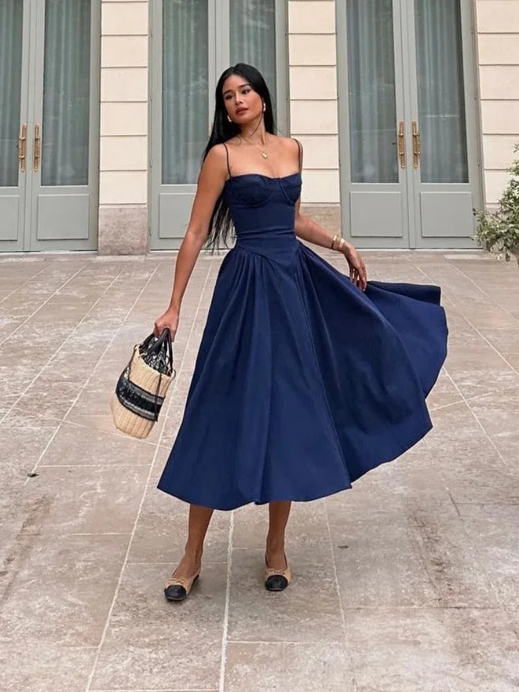 Elegant Spaghetti Strap Pleated A Line Midi Dress