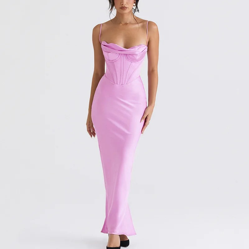 Satin Corset Maxi Dress – Elegant Spaghetti Strap Evening Gown