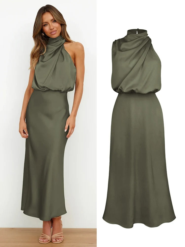 Satin Halter Neck Evening Dress Formal Gown