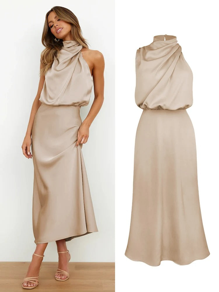 Satin Halter Neck Evening Dress Formal Gown