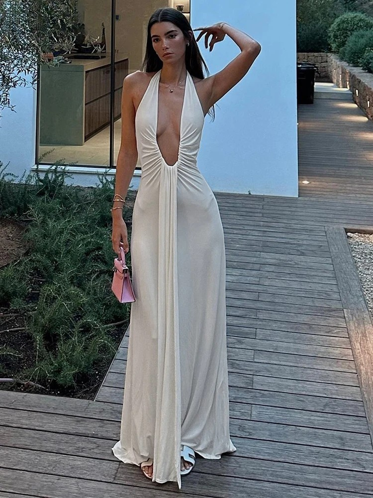 Halter Maxi Dress – Deep V Neck Backless Party Evening Gown