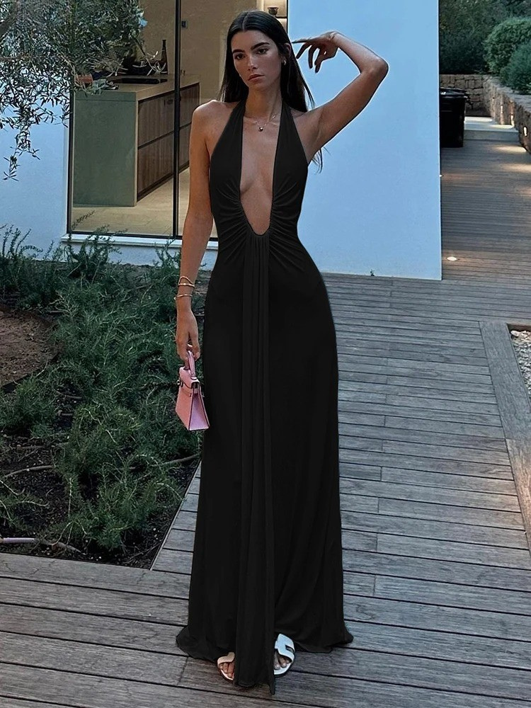 Halter Maxi Dress – Deep V Neck Backless Party Evening Gown