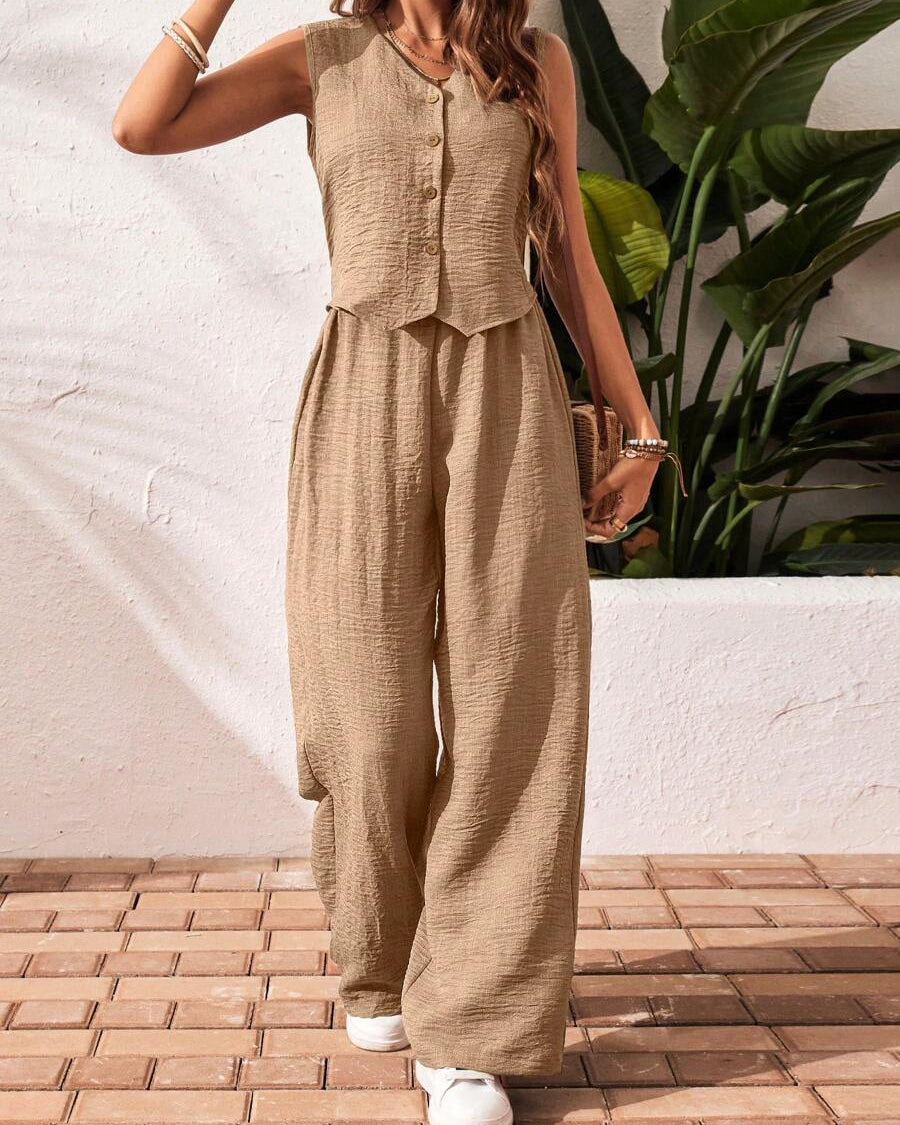 Summer Sleeveless Wide-Leg Jumpsuit – Button Front Casual Linen Rompee