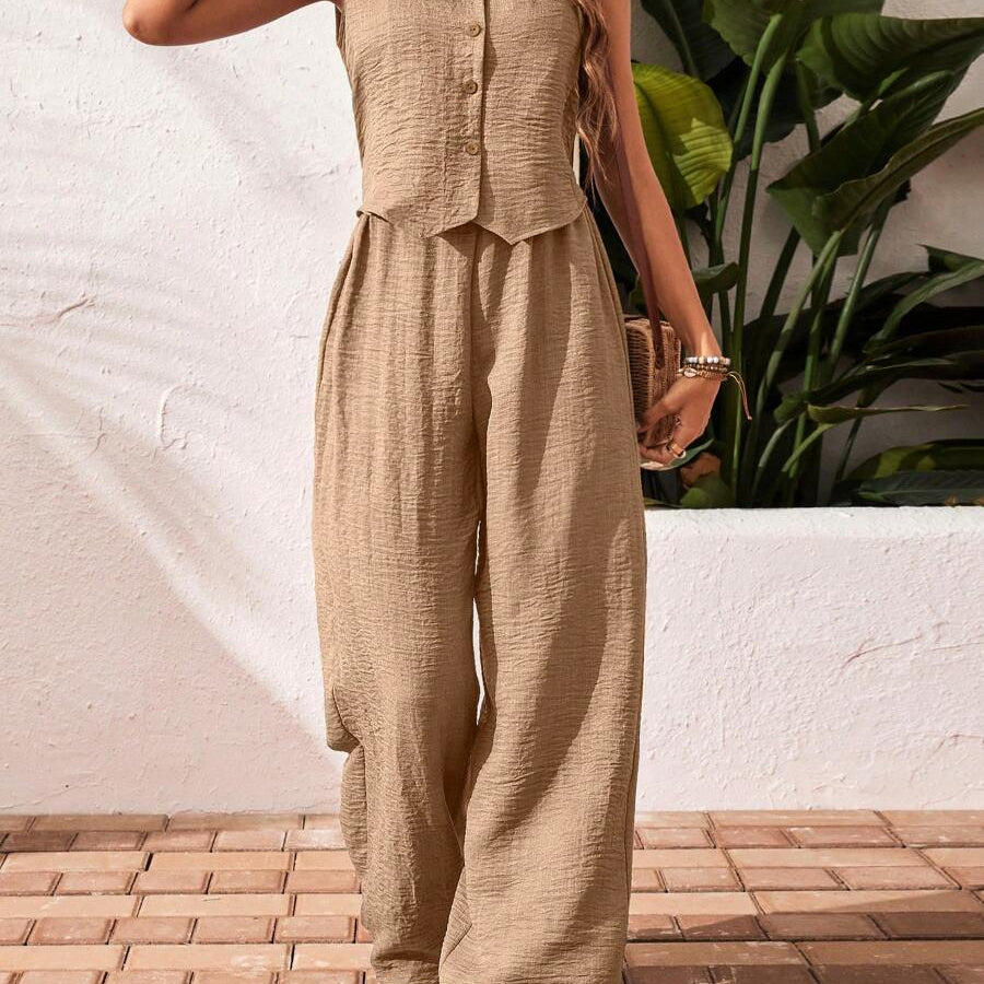 Summer Sleeveless Wide-Leg Jumpsuit – Button Front Casual Linen Rompee