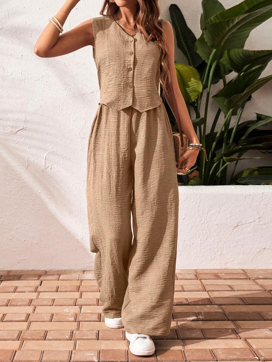 Summer Sleeveless Wide-Leg Jumpsuit – Button Front Casual Linen Rompee