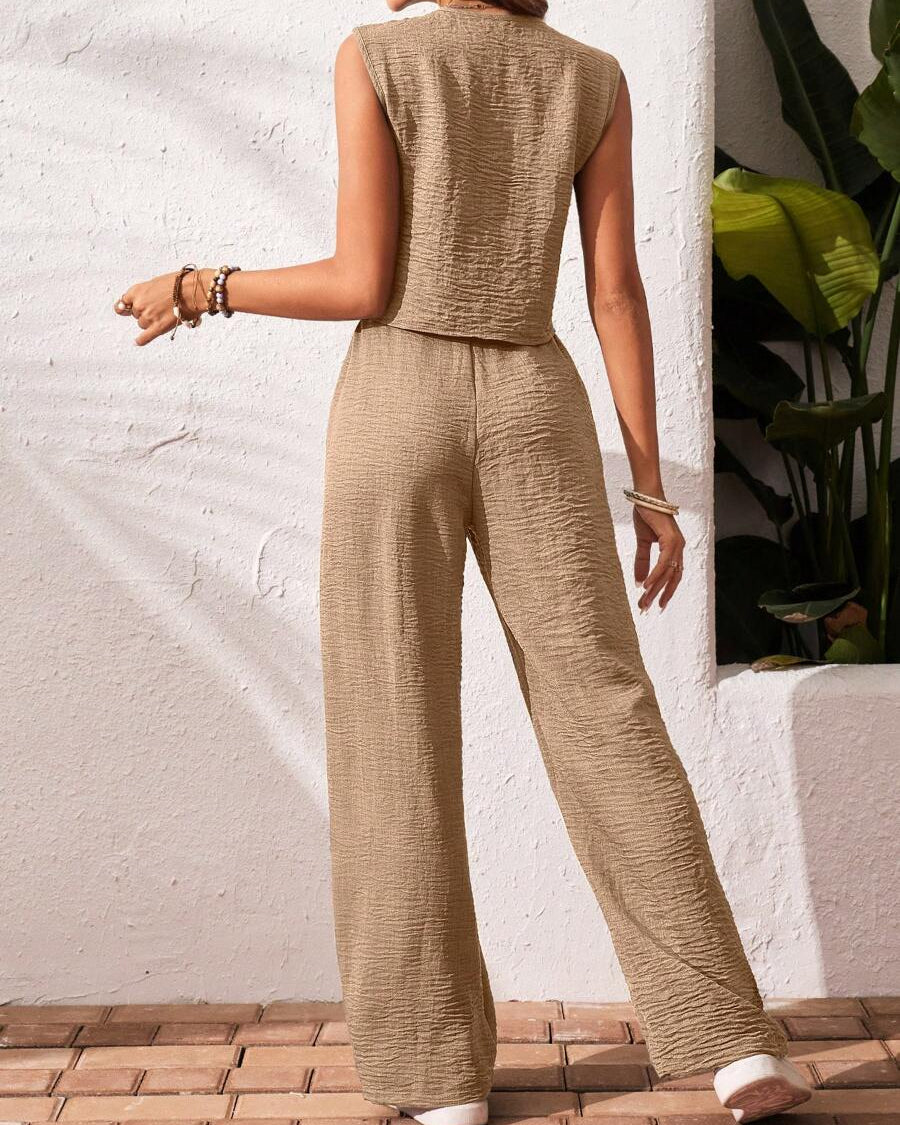 Summer Sleeveless Wide-Leg Jumpsuit – Button Front Casual Linen Rompee