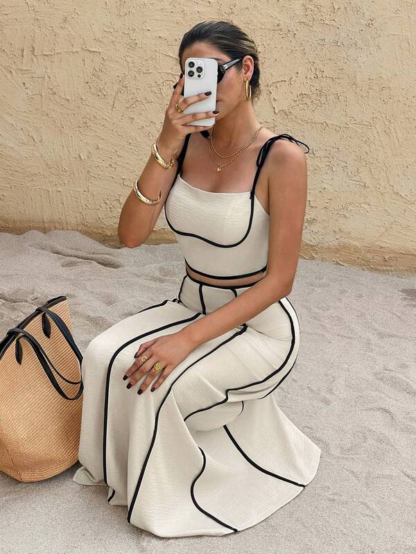Contrast Trim Two-Piece Set – Sleeveless Crop Top & High Waist Maxi Skirt
