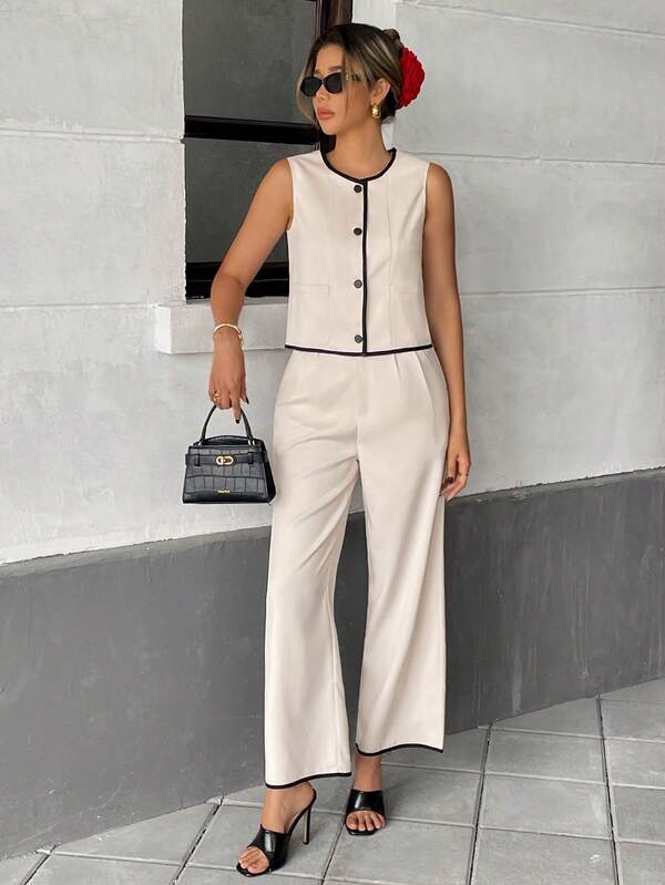 Sleeveless Button Front Jumpsuit – Wide Leg One Piece with Black Trim