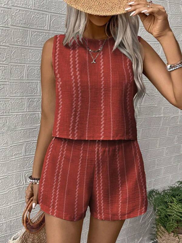 Satin Sleeveless Two Piece Set – Casual Summer Tank Top and High Waist Shorts