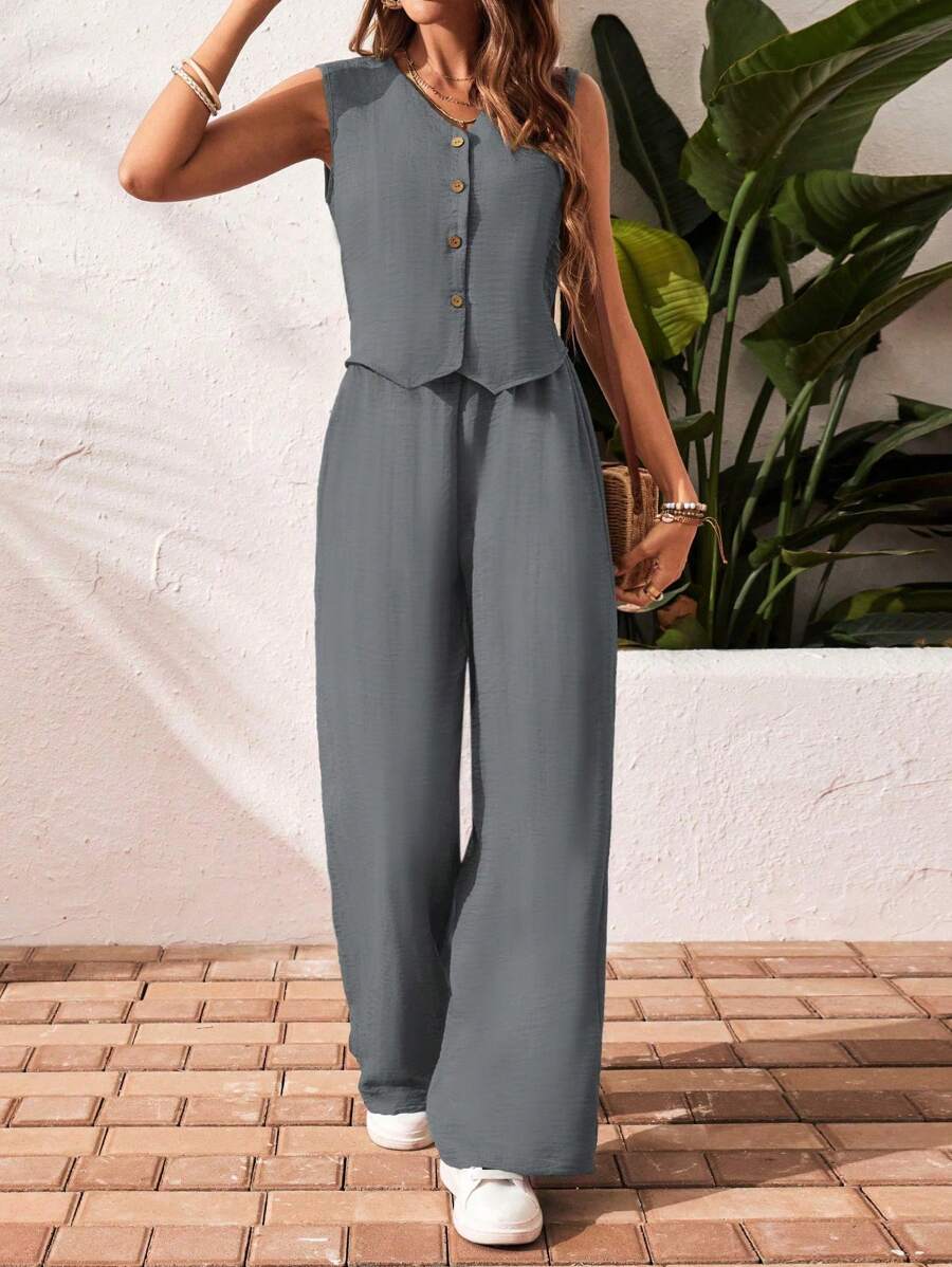 Summer Sleeveless Wide-Leg Jumpsuit – Button Front Casual Linen Rompee