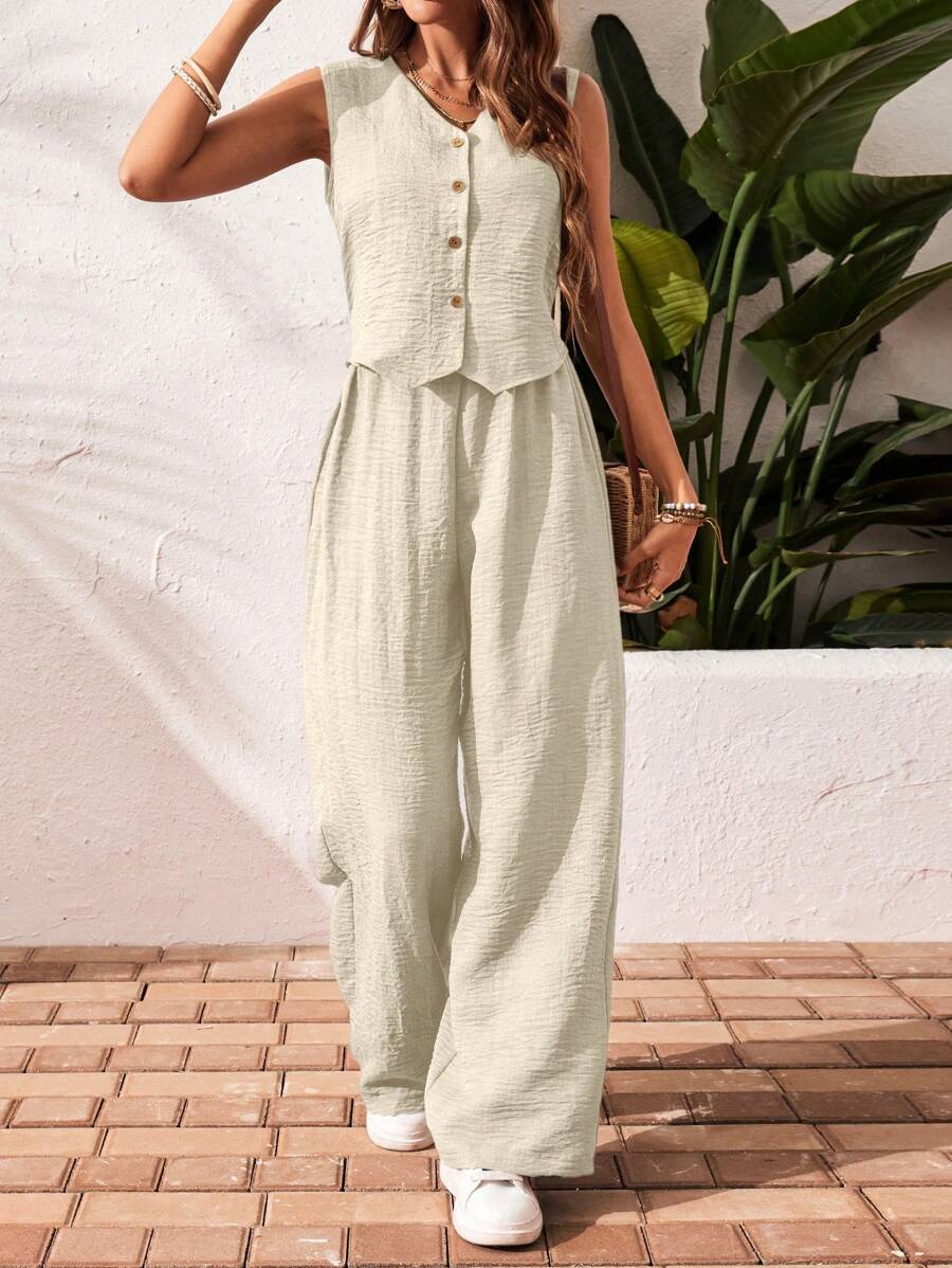 Summer Sleeveless Wide-Leg Jumpsuit – Button Front Casual Linen Rompee