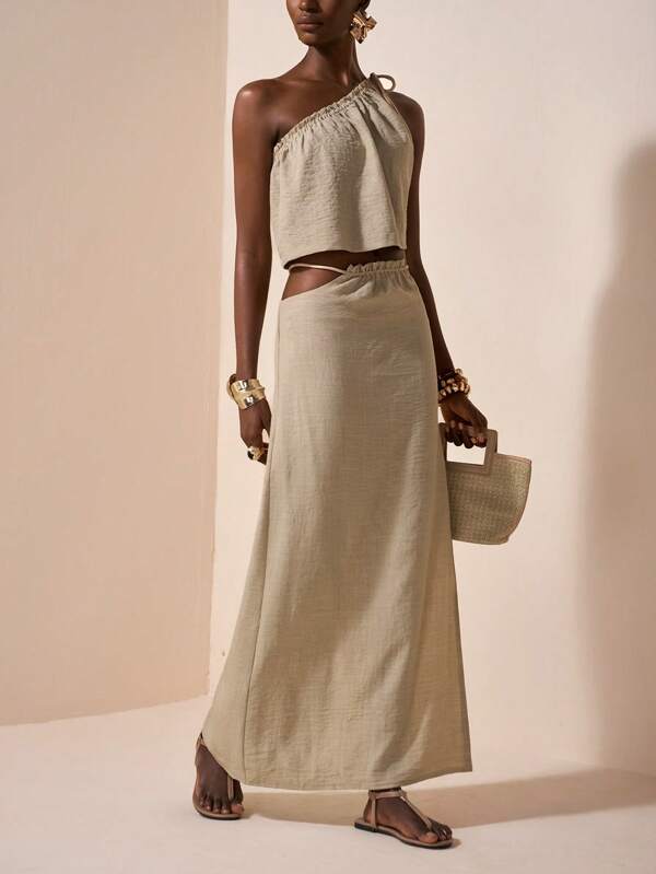 One-Shoulder Two Piece Set – Asymmetrical Crop Top & High Waist Maxi Skirt Linen Blend