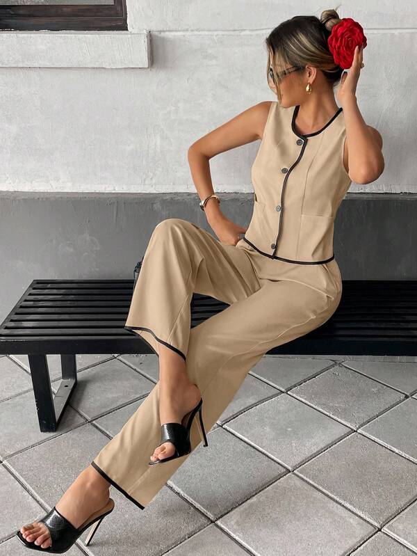 Sleeveless Button Front Jumpsuit – Wide Leg One Piece with Black Trim