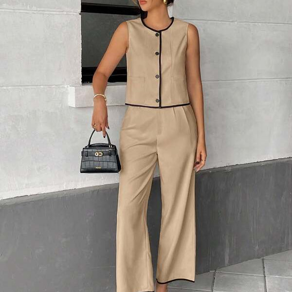 Sleeveless Button Front Jumpsuit – Wide Leg One Piece with Black Trim