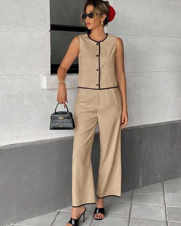 Sleeveless Button Front Jumpsuit – Wide Leg One Piece with Black Trim