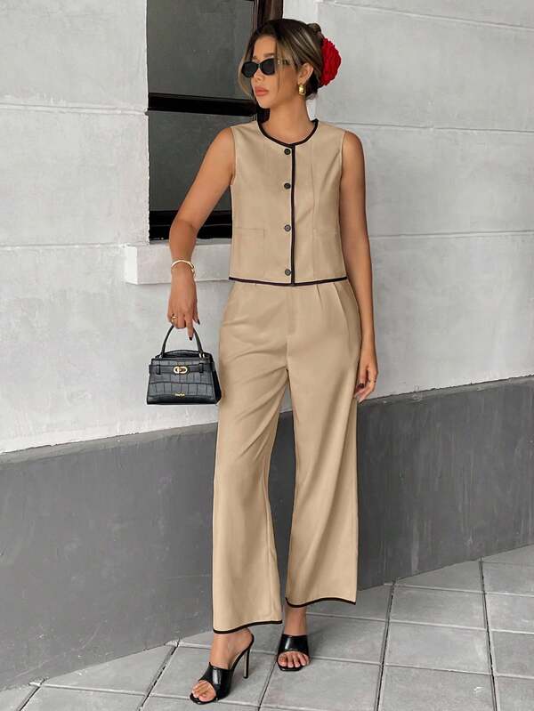 Sleeveless Button Front Jumpsuit – Wide Leg One Piece with Black Trim