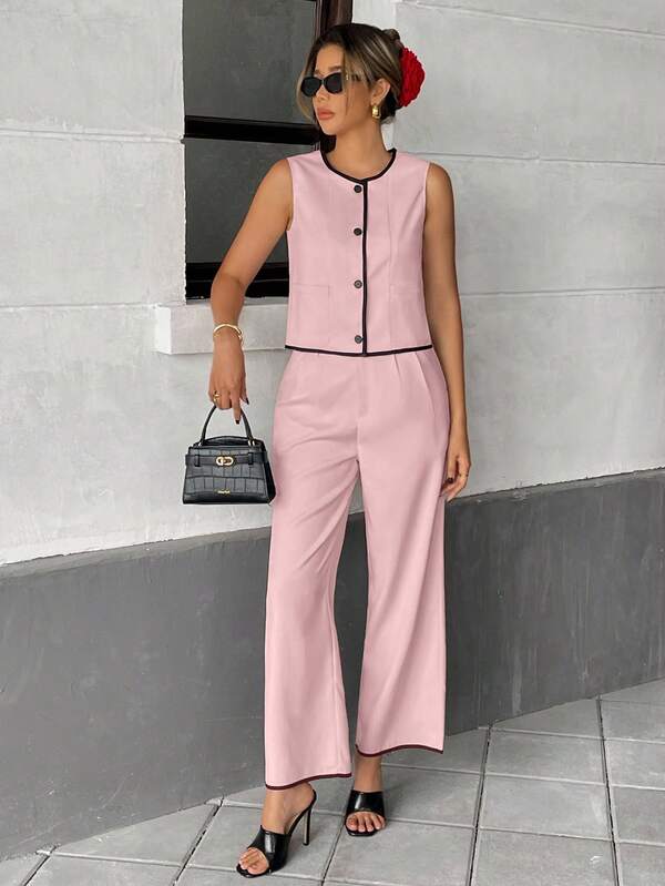 Sleeveless Button Front Jumpsuit – Wide Leg One Piece with Black Trim