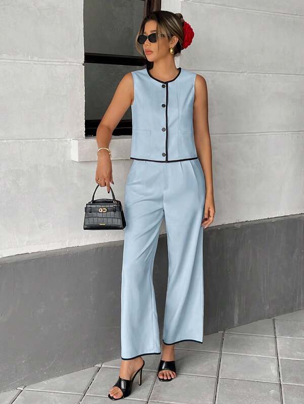 Sleeveless Button Front Jumpsuit – Wide Leg One Piece with Black Trim