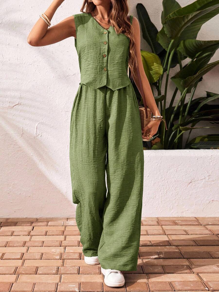 Summer Sleeveless Wide-Leg Jumpsuit – Button Front Casual Linen Rompee