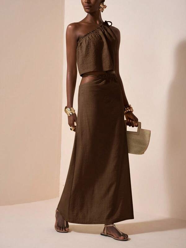 One-Shoulder Two Piece Set – Asymmetrical Crop Top & High Waist Maxi Skirt Linen Blend