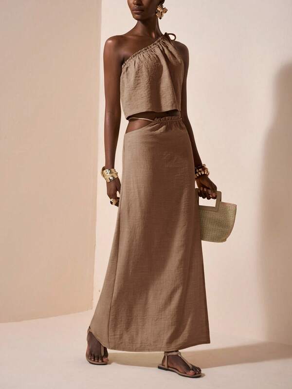 One-Shoulder Two Piece Set – Asymmetrical Crop Top & High Waist Maxi Skirt Linen Blend