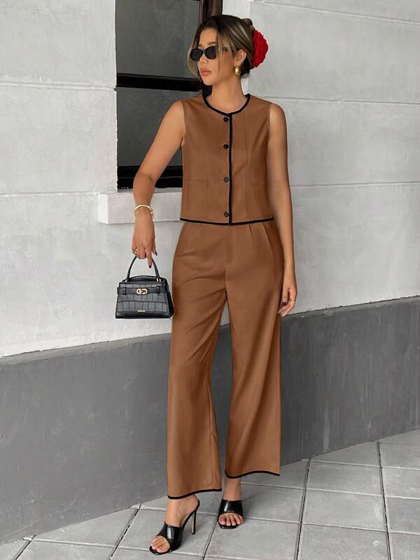 Sleeveless Button Front Jumpsuit – Wide Leg One Piece with Black Trim