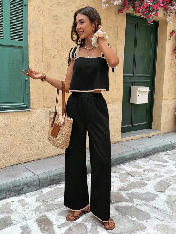Two Piece Set – Contrast Trim Tie Strap Cami Top & High Waist Wide Leg Pants