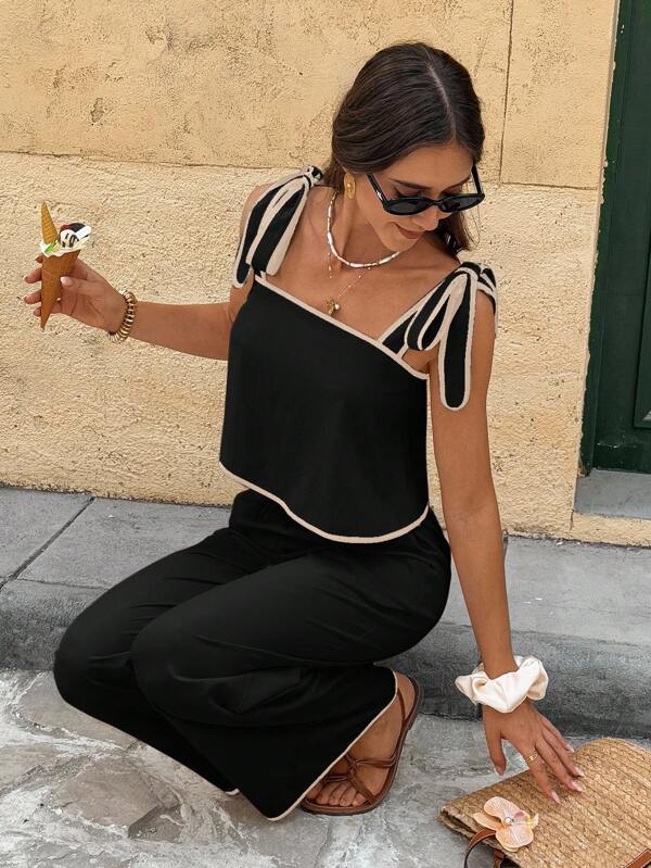 Two Piece Set – Contrast Trim Tie Strap Cami Top & High Waist Wide Leg Pants