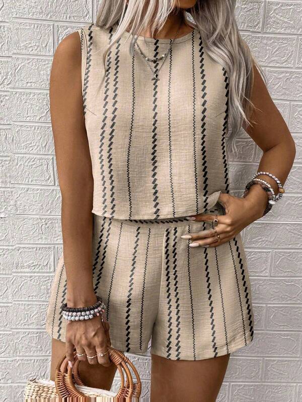 Satin Sleeveless Two Piece Set – Casual Summer Tank Top and High Waist Shorts