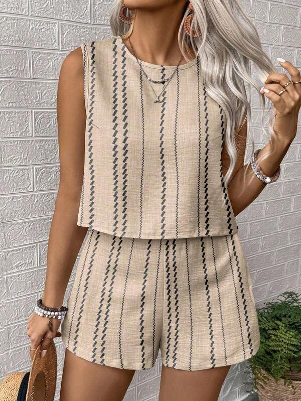 Satin Sleeveless Two Piece Set – Casual Summer Tank Top and High Waist Shorts